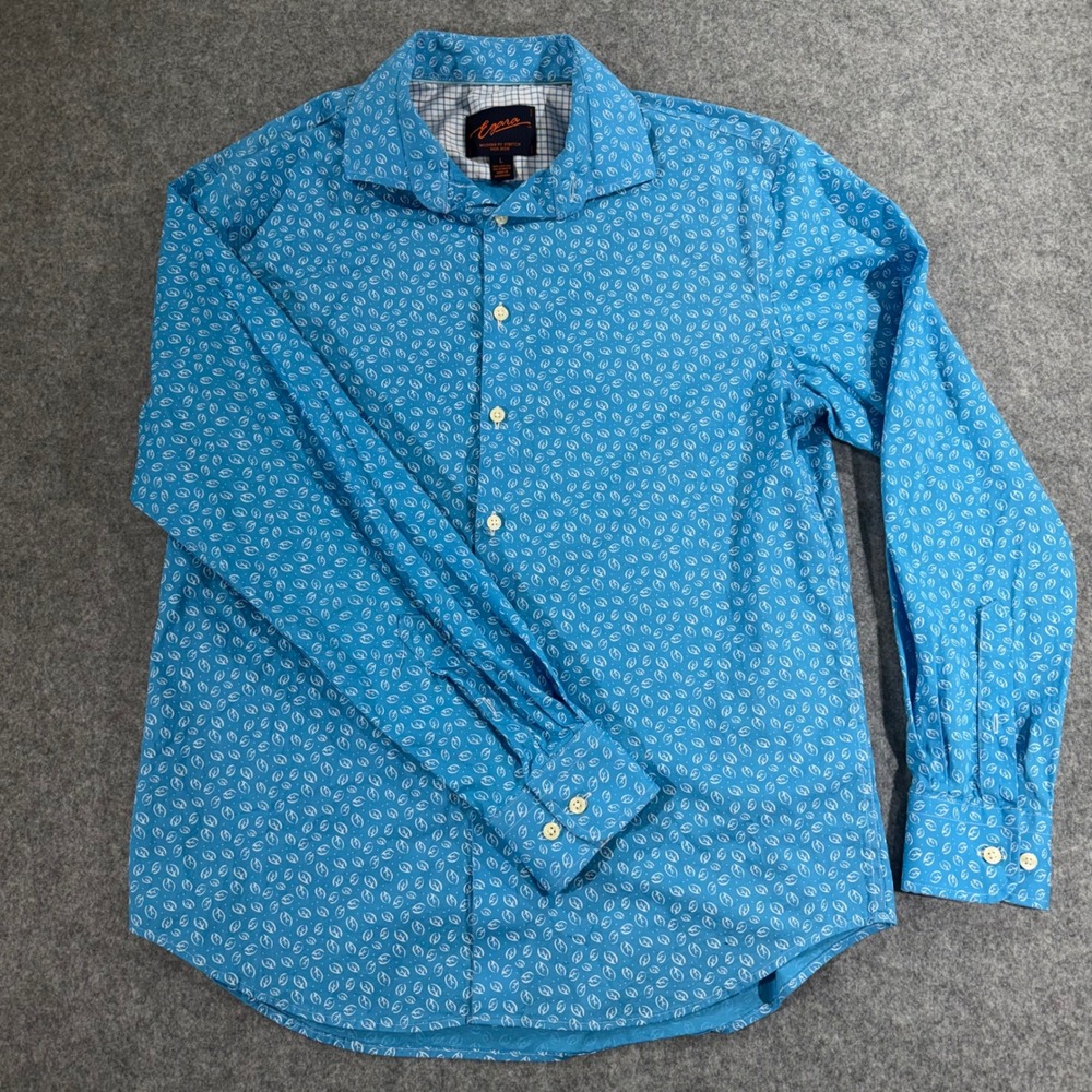 Egara Mens Modern Fit Stretch Non Iron Button Down Shirt Blue Leaf Print Large